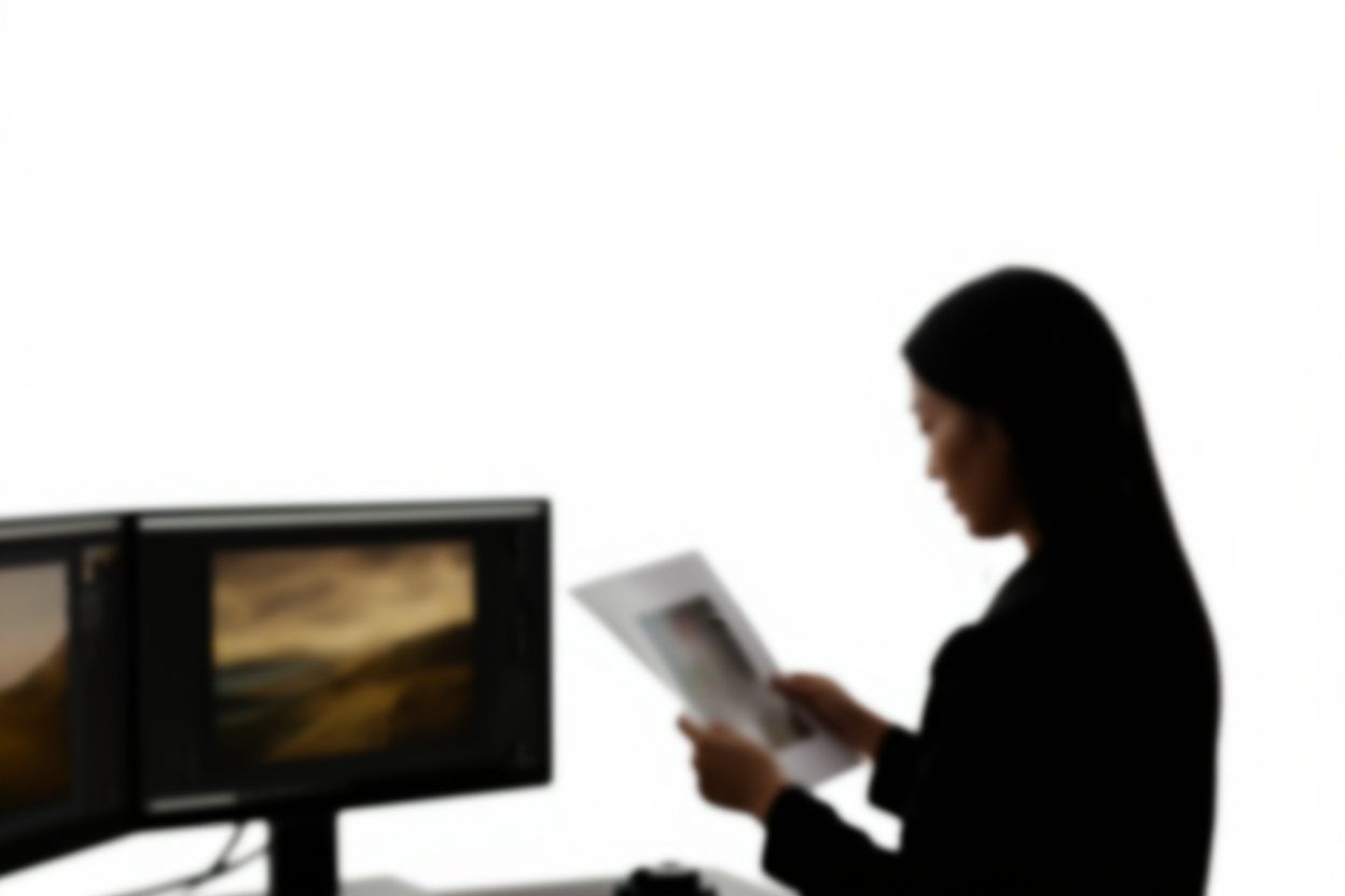 A professional photographer reviewing image files on a dual-monitor setup in a bright studio, soft natural lighting, wid