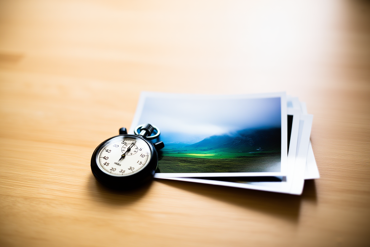A stopwatch resting on a wooden desk next to a stack of printed photographs, soft morning light, wide landscape shot