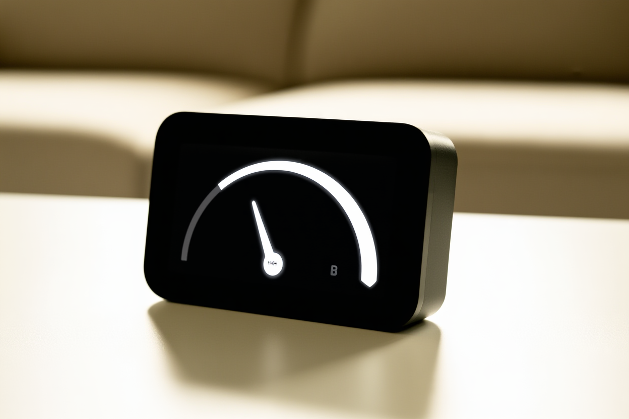 A digital dashboard display showing a score gauge pointing to a high value, placed on a clean desk surface with soft amb