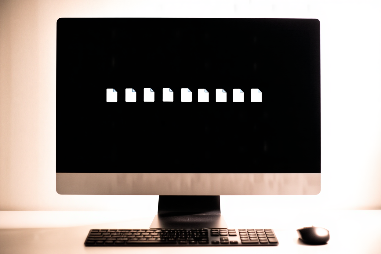 A computer monitor displaying multiple file icons being processed in a queue, next to a keyboard, soft office lighting, 