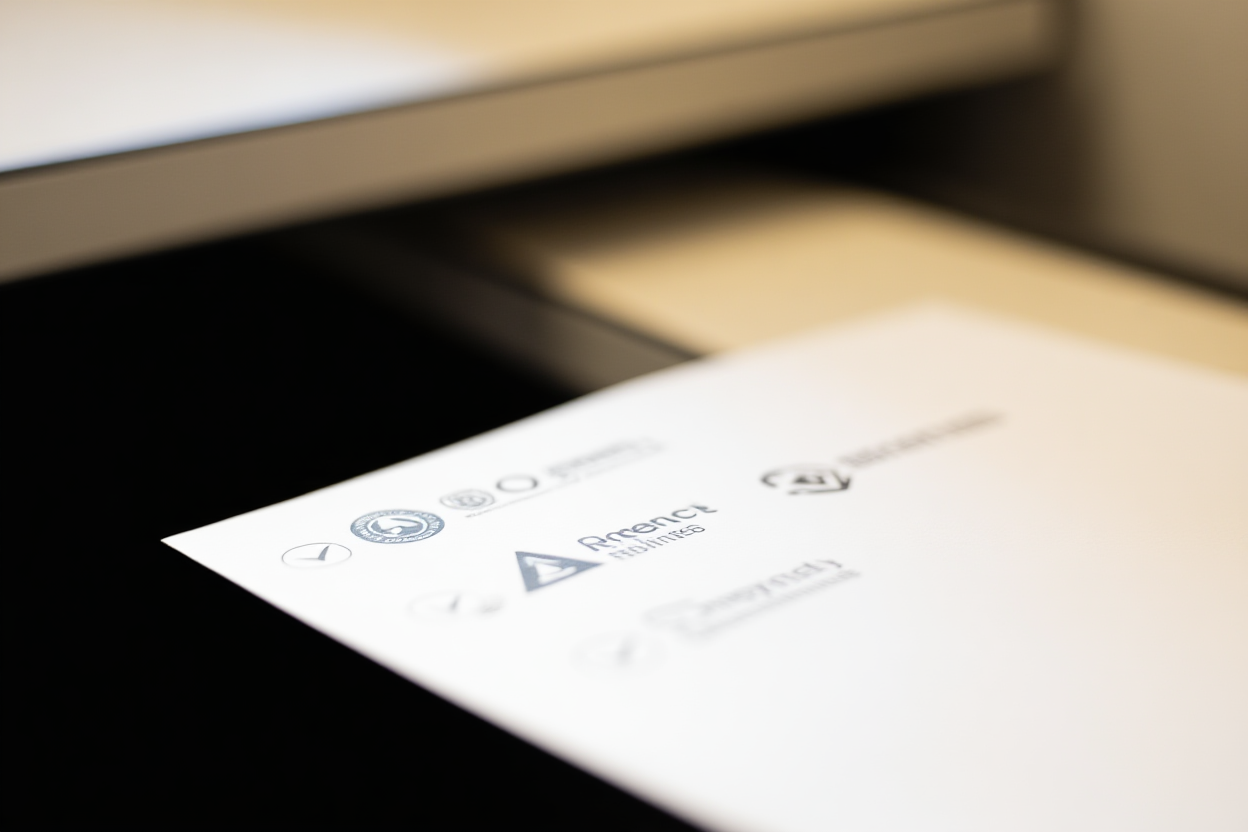 A checklist with checkmarks next to agency logos printed on a card, resting on a desk with soft focus background, wide l