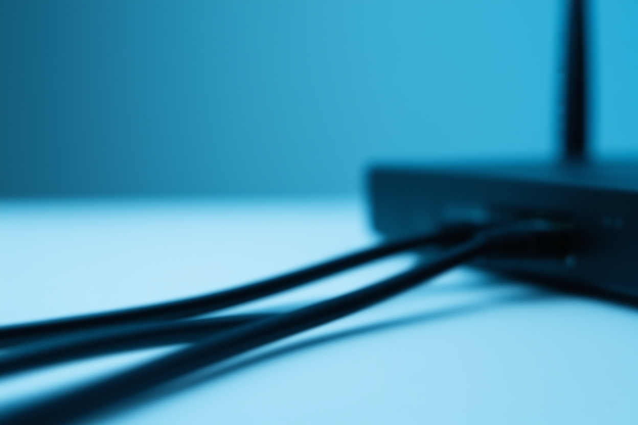 A network cable plugged into a router with digital data streams flowing upward, symbolizing automated distribution, soft