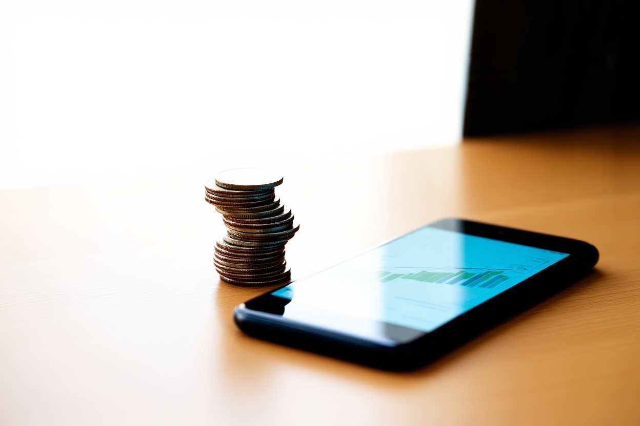 A stack of coins next to a smartphone displaying an earnings graph, on a wooden surface with soft natural light, wide la