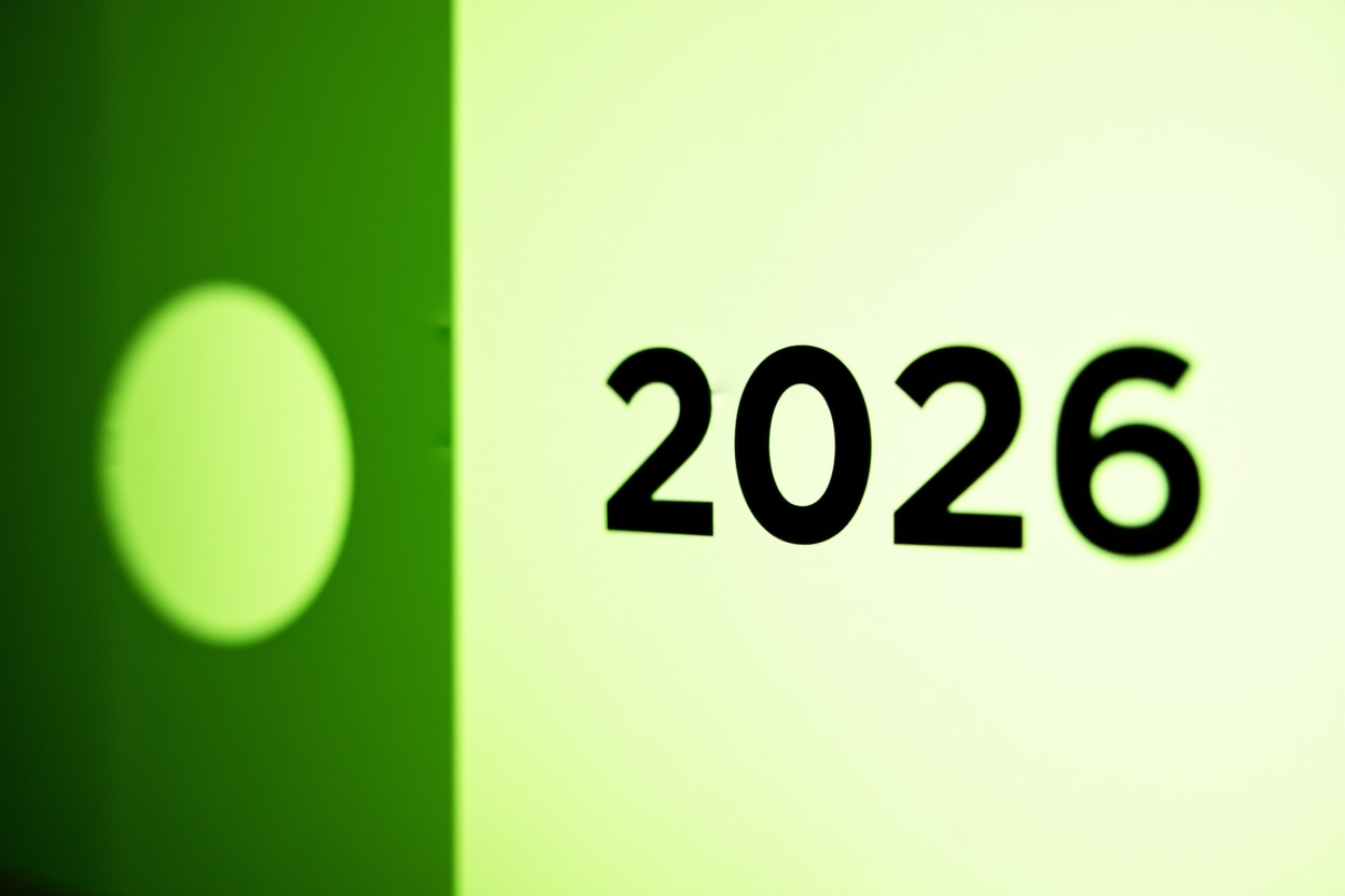 tampilan dekat kalender digital yang menampilkan tahun 2026 di sebelah ikon bergaya