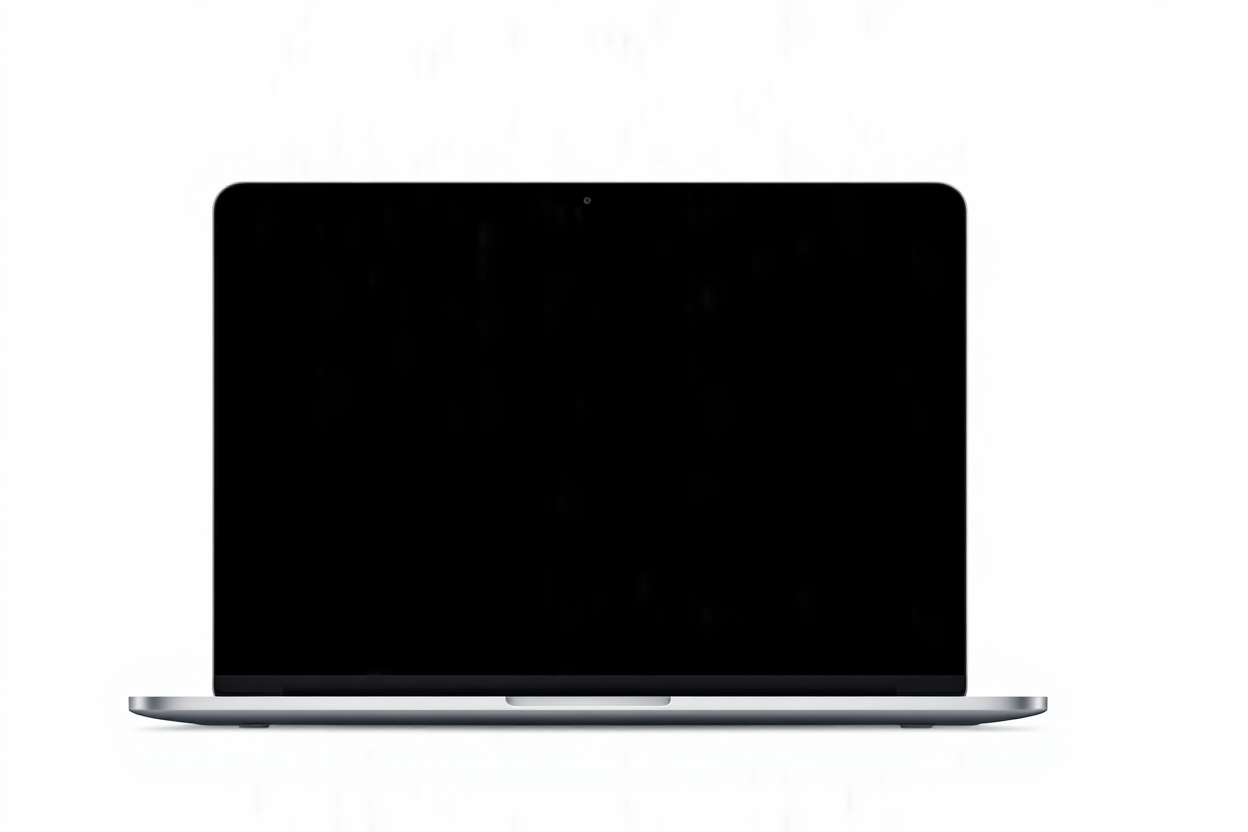 sebuah laptop ramping di atas permukaan putih menampilkan grafik speedometer sederhana