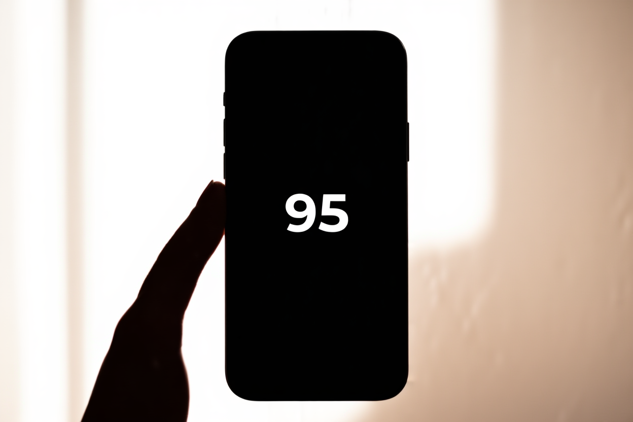 sebuah tangan memegang smartphone yang menampilkan skor 95 di layar bersih