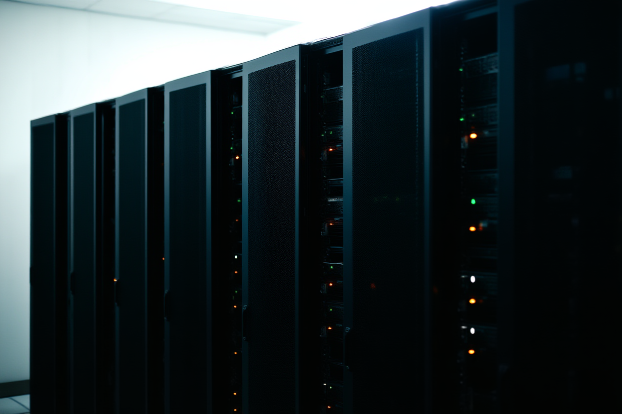 rak server dengan lampu berkedip yang mewakili pemrosesan data volume tinggi