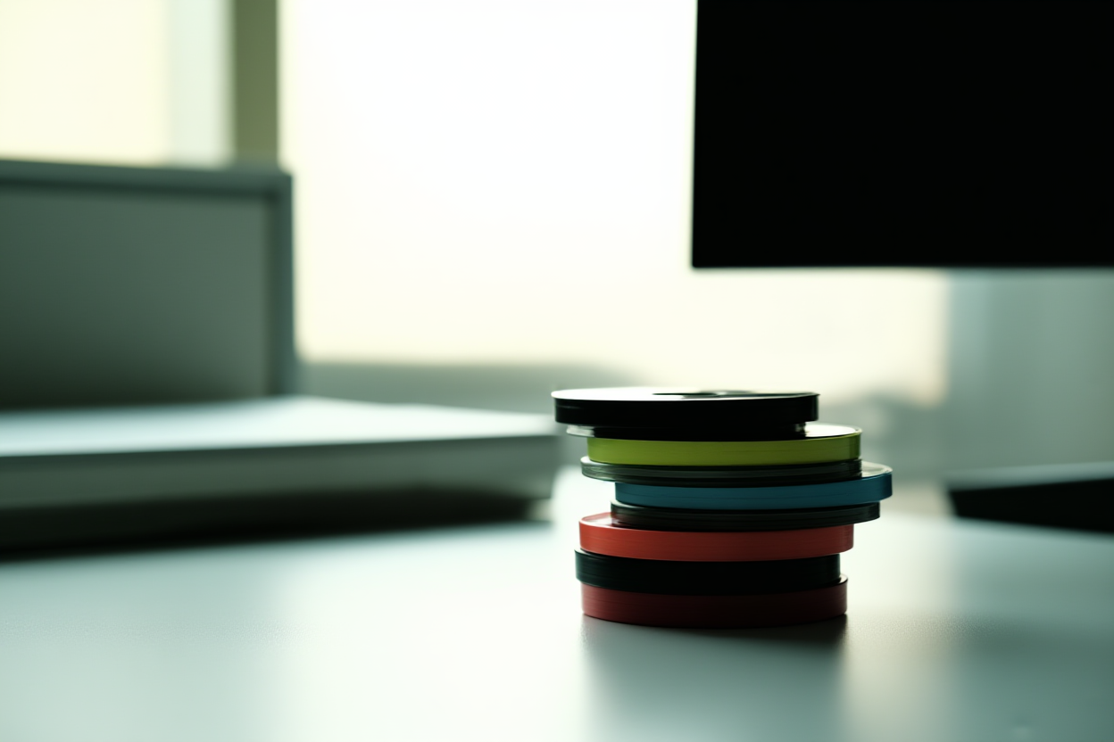 ein Stapel bunter Video-Reels auf einem modernen Bürotisch mit sanftem Morgenlicht