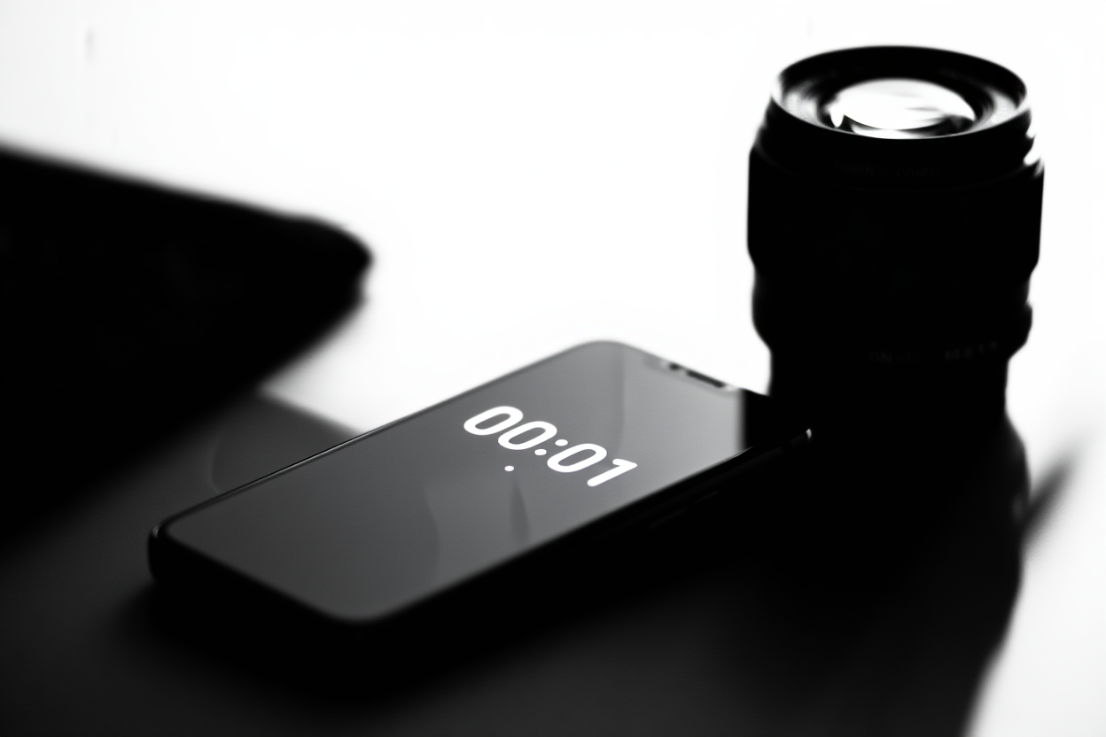 ein digitaler Timer auf einem schlanken Smartphone-Bildschirm, der 00:01 neben einem Videokameraobjektiv zeigt