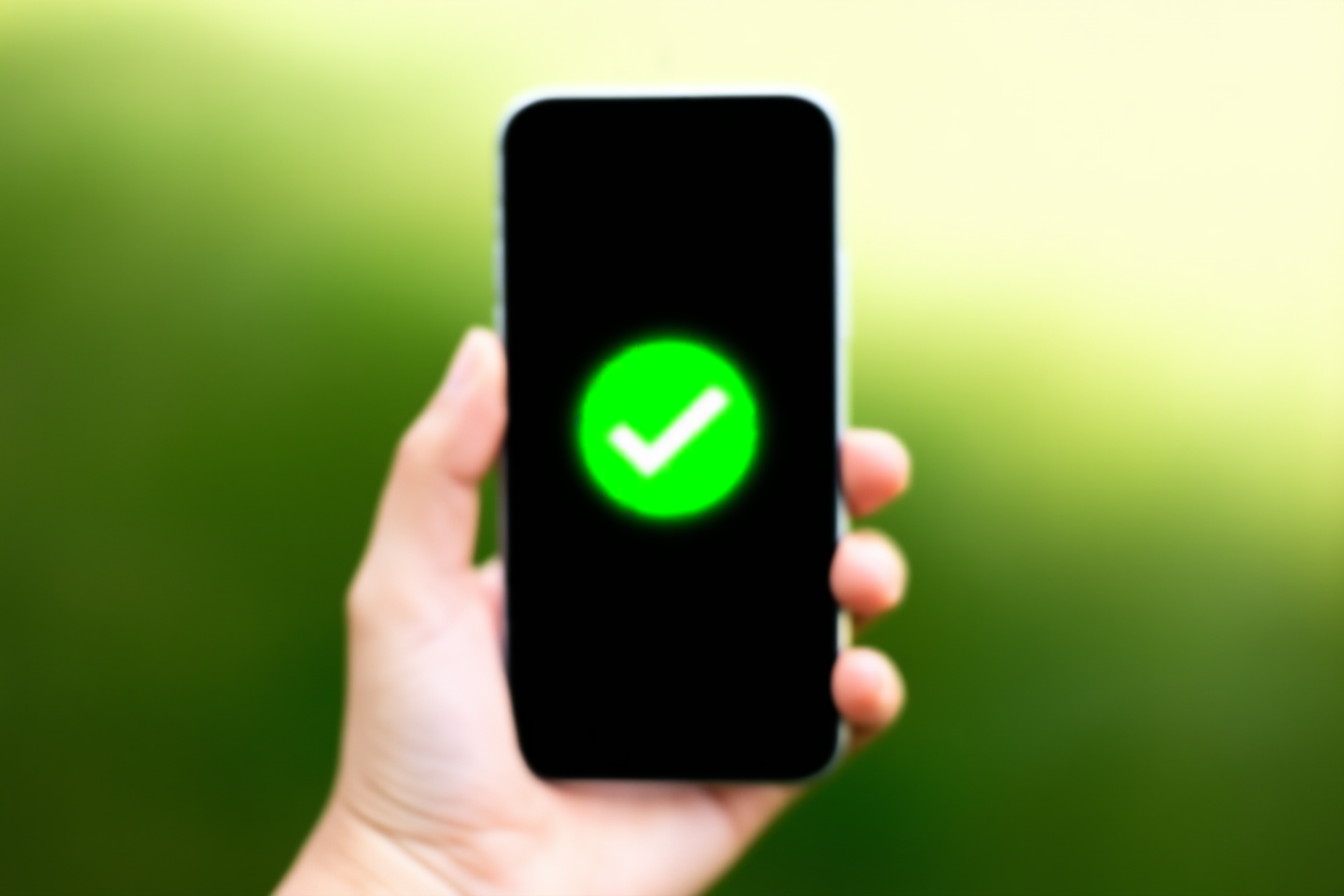 eine Hand hält ein Smartphone, das einen Score von 95 mit einem grünen Häkchen auf einem unscharfen Hintergrund anzeigt