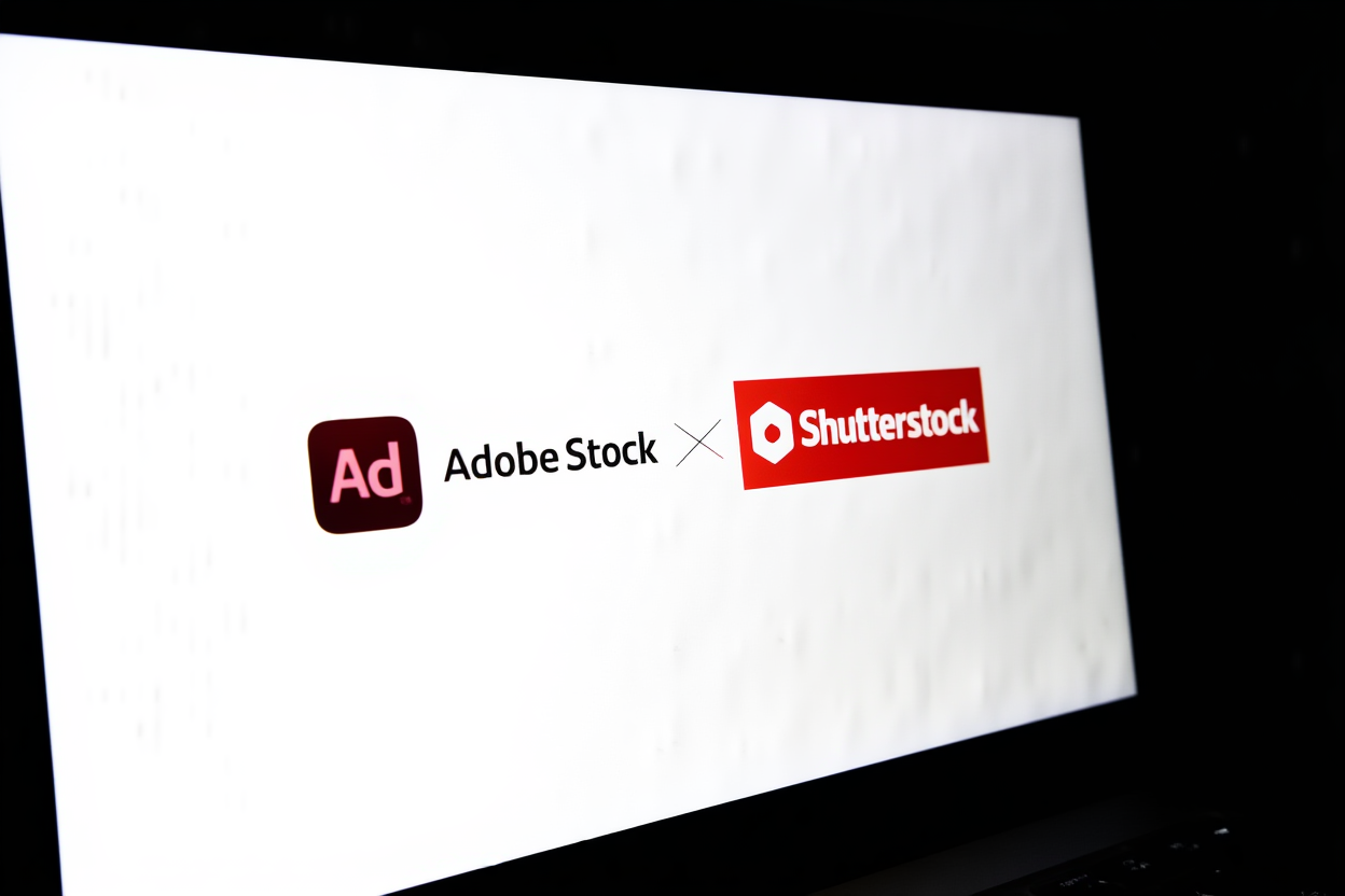 ein Laptop-Bildschirm, der Logos von Adobe Stock und Shutterstock zeigt, die durch digitale Linien verbunden sind