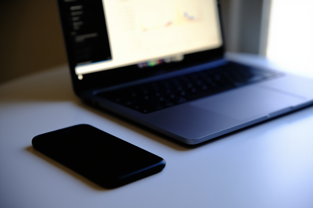 ein Smartphone, das auf einem Schreibtisch neben einem Laptop ruht und synchronisierte Datenströme anzeigt