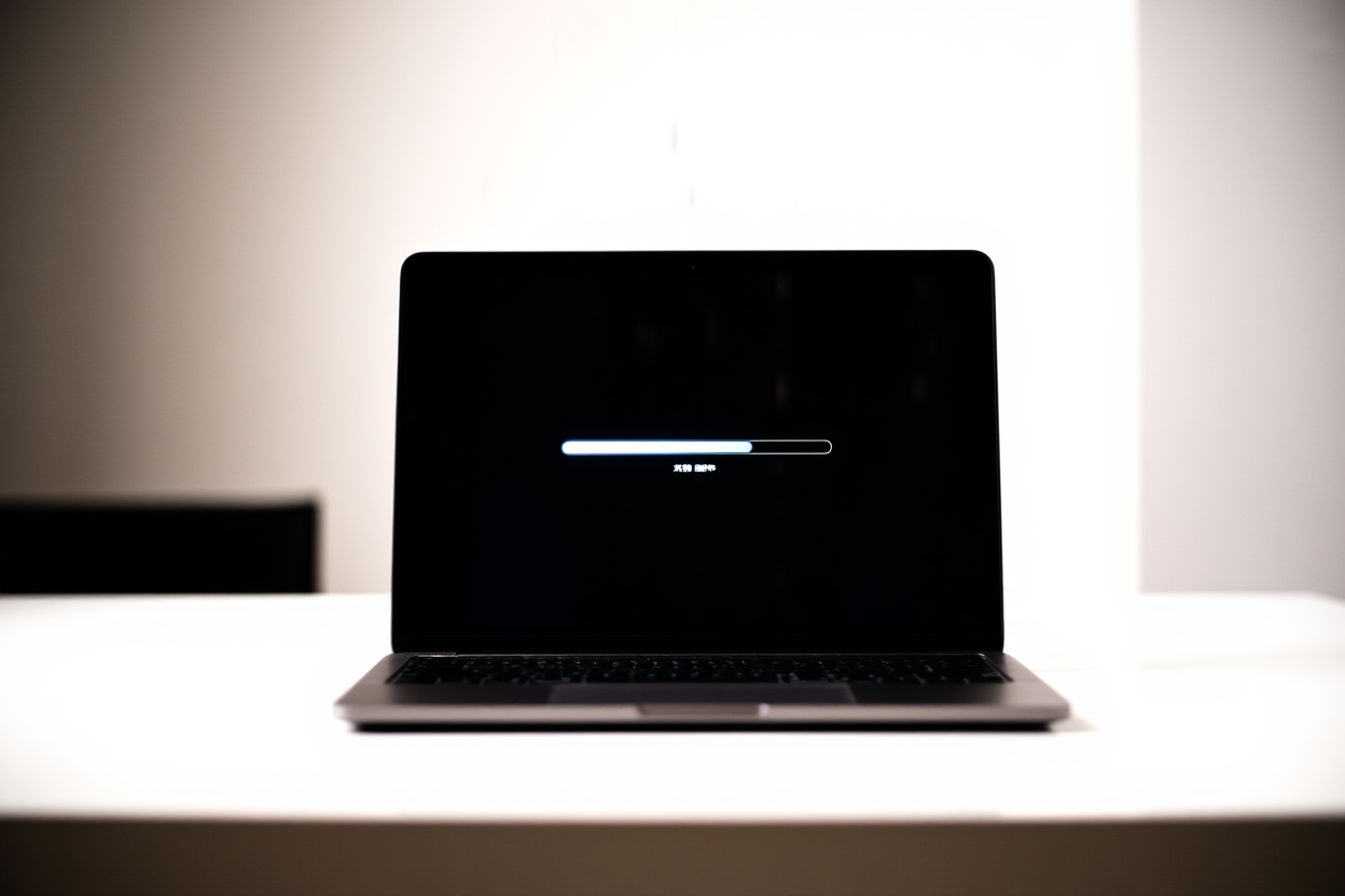 laptop ramping yang menampilkan bilah kemajuan pemuatan cepat di atas meja putih minimalis, pencahayaan kantor lembut, lanskap lebar