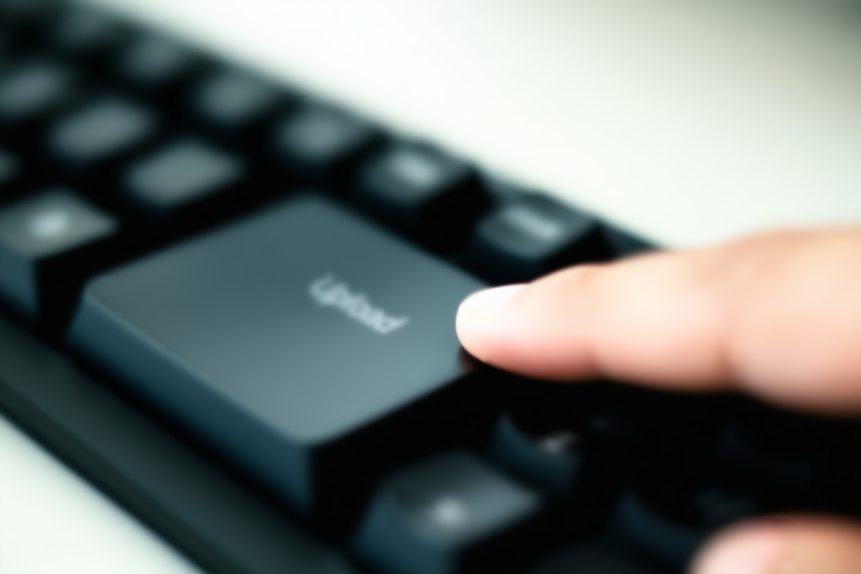 tangan menekan tombol besar bertuliskan "Upload" pada keyboard komputer modern, kedalaman bidang dangkal, lanskap lebar sh