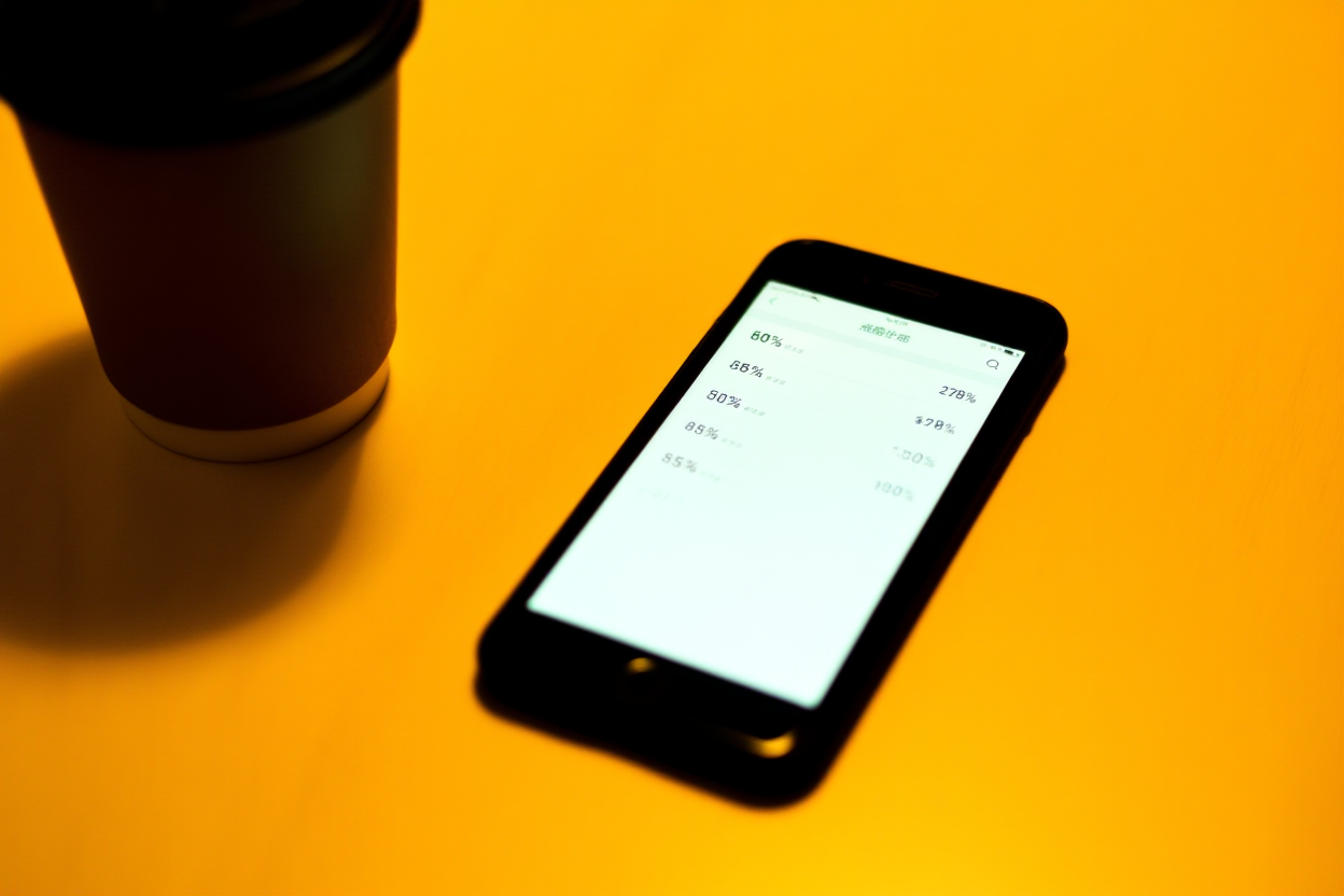 smartphone yang menampilkan aplikasi bagan harga di sebelah cangkir kopi di atas meja kayu, cahaya ambient hangat, lanskap lebar s