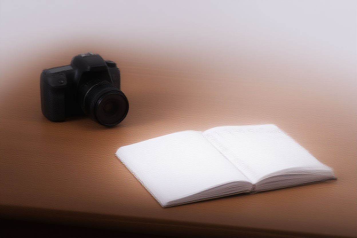 手書きのメモとペンが記入された開かれたノートブックの上にDSLRカメラが置かれている整然とした木製の机