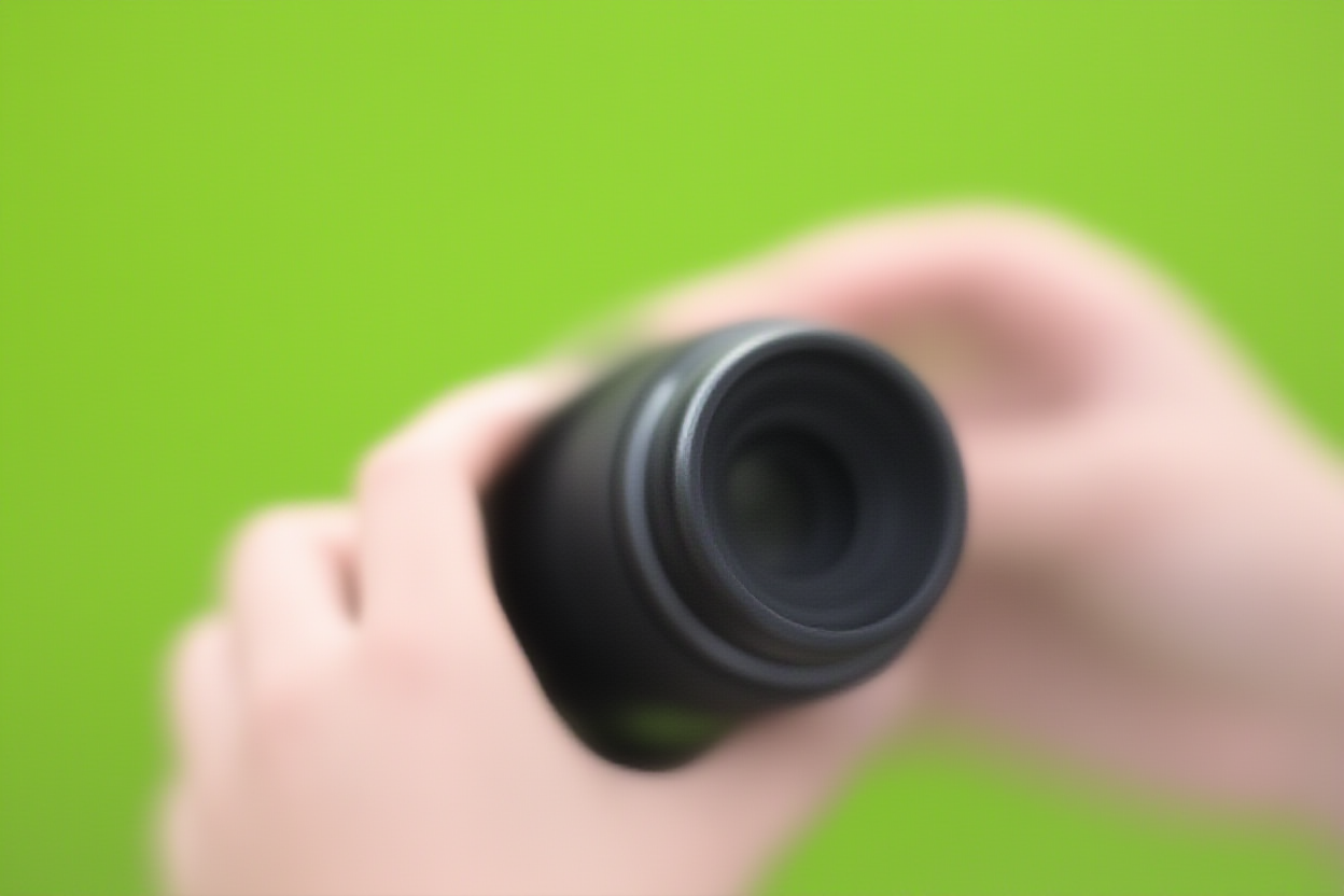 緑の背景がぼかされたレンズに対して焦点リングを調整している写真家の手のクローズアップ