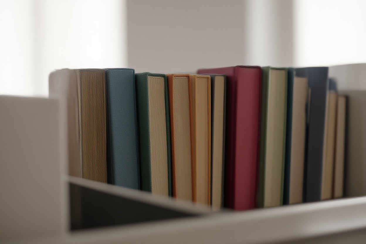 近くの窓から柔らかい自然光が差し込む図書館の棚にきれいに積み上げられたカラフルなハードカバーの本の一列