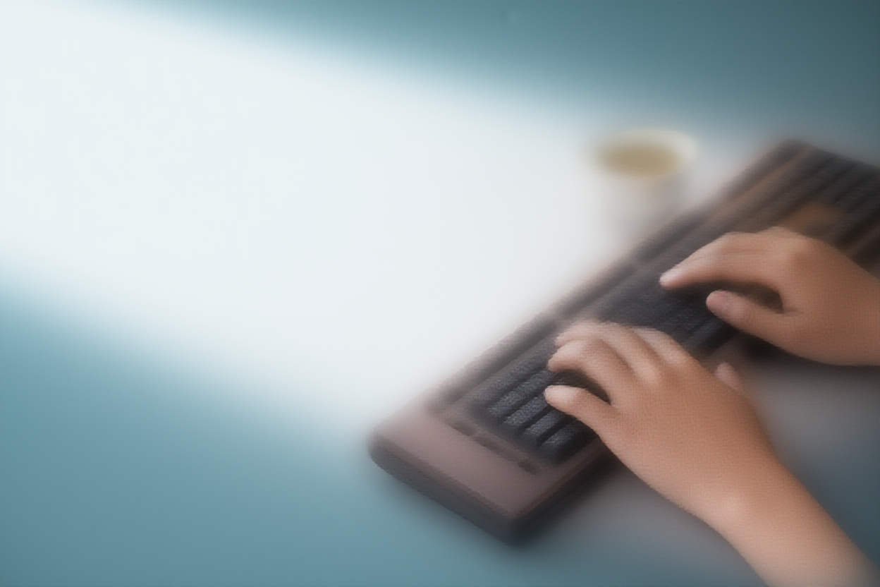 ティーカップが近くにあるスリークなメカニカルキーボードでタイピングしている一対の手と、午後光によって投げられた柔らかい影