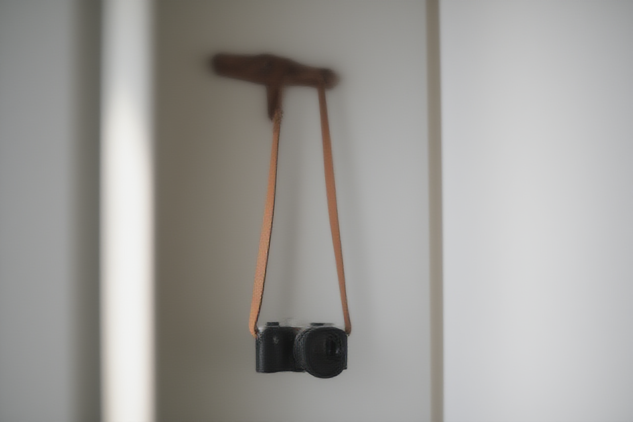 日光に導かれる開いたドアの隣にある木製のコートラックから革製のストラップにかけてぶら下がっているヴィンテージフィルムカメラ