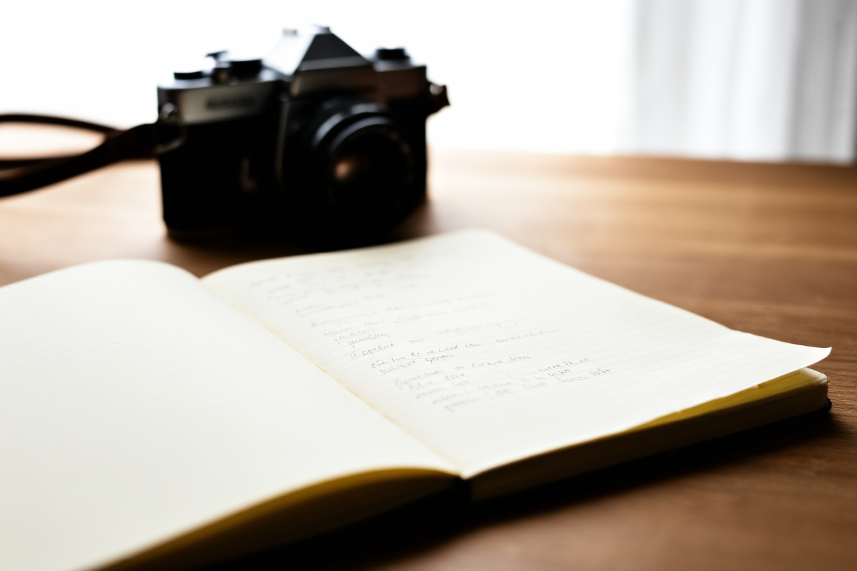 un appareil photo vintage posé sur un carnet ouvert rempli de mots-clés de photographie de stock manuscrits, lumière naturelle douce, grand angle