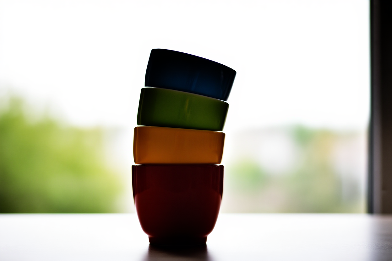 une pile de tasses à café colorées représentant des concepts de routine matinale, composition épurée, lumière du jour douce, paysage large