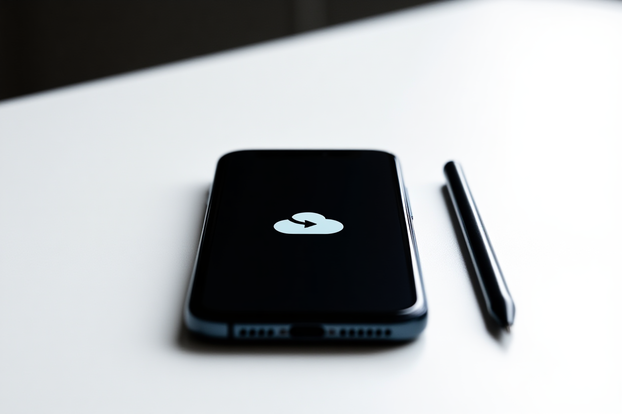 un smartphone affichant une icône de métadonnées à côté d'un stylet sur un bureau blanc, configuration minimaliste, lumière du jour douce, large land