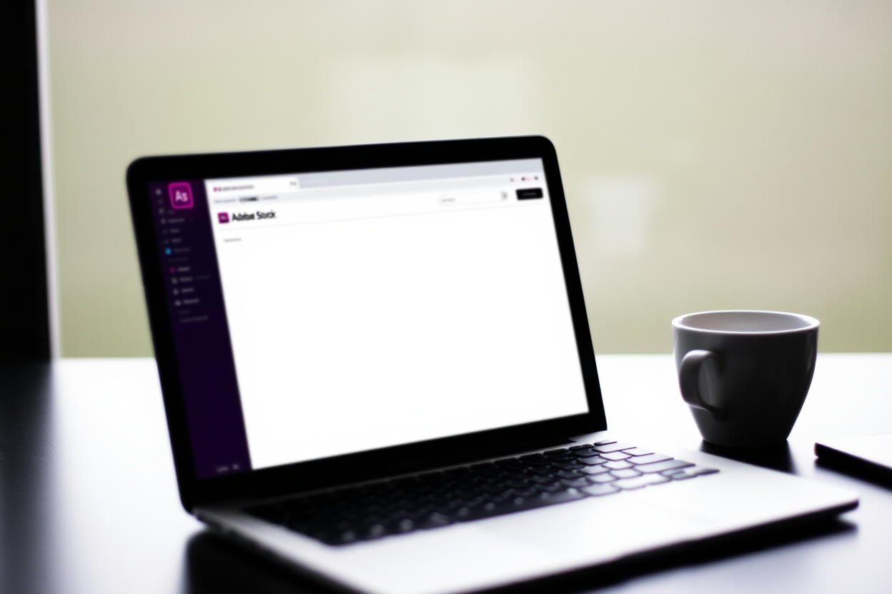 Adobe Stockダッシュボードとコーヒーカップを表示するラップトップのあるモダンなワークスペース。柔らかい自然光