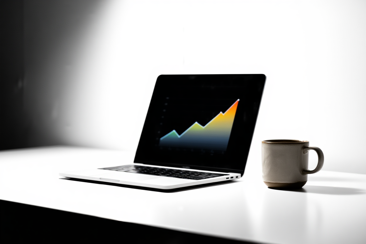 un ordinateur portable argenté élégant affichant un graphique de croissance coloré sur son écran, posé sur un bureau blanc minimaliste à côté d'un vase en céramique
