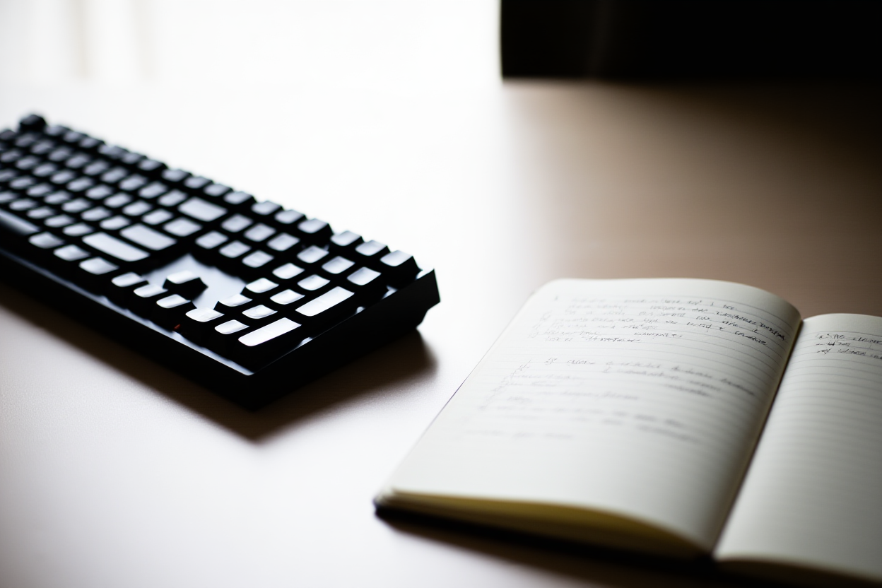 gros plan sur un clavier mécanique moderne à côté d'un cahier ouvert avec des notes commerciales manuscrites, lumière douce de la fenêtre