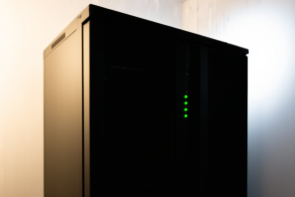 un rack de serveur moderne avec des voyants verts clignotants dans un environnement de centre de données propre, éclairage ambiant doux
