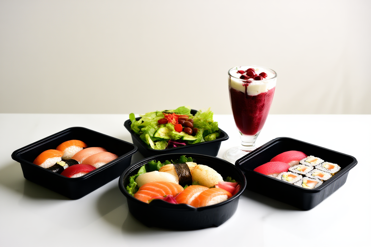 Một loạt các danh mục thực phẩm bao gồm sushi, salad và bánh ngọt được sắp xếp trên một bề mặt trắng sạch sẽ