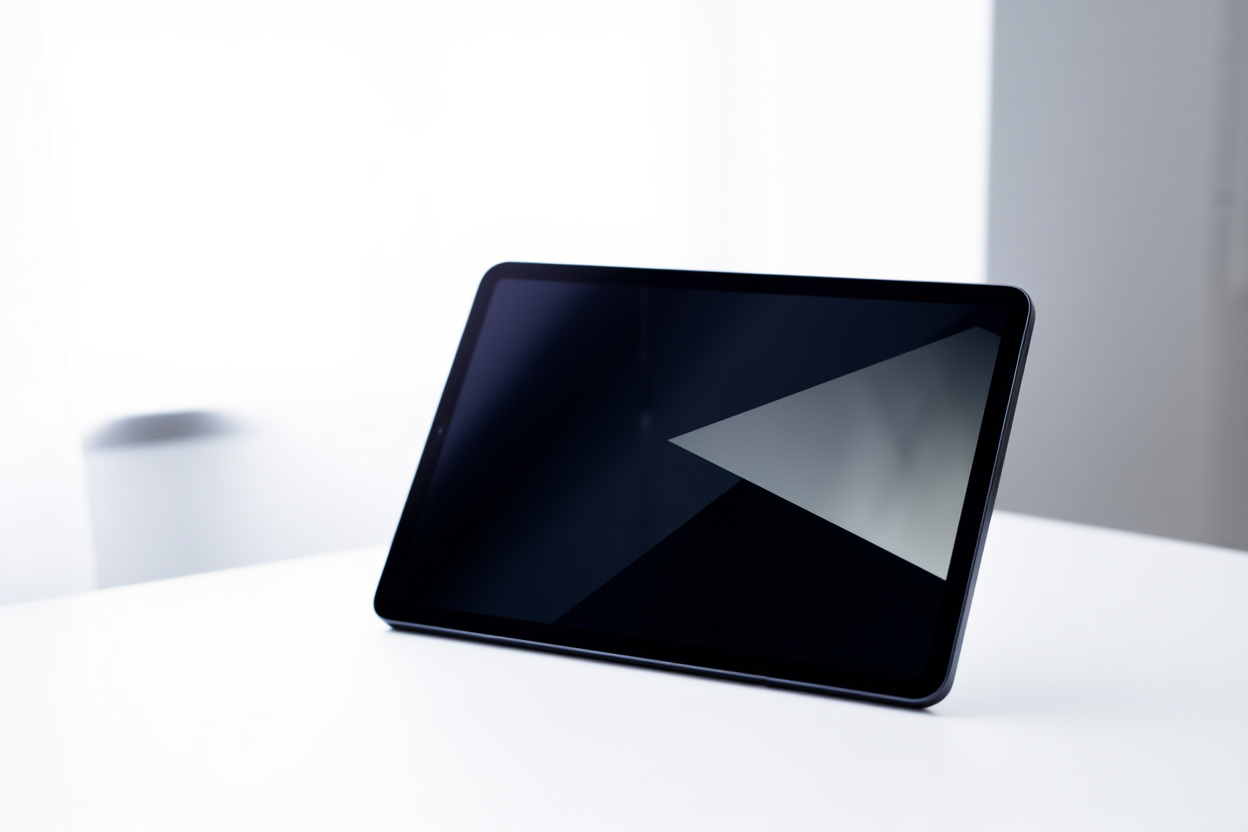 a sleek digital tablet displaying abstract geometric shapes against a clean white background, soft natural light, wide l