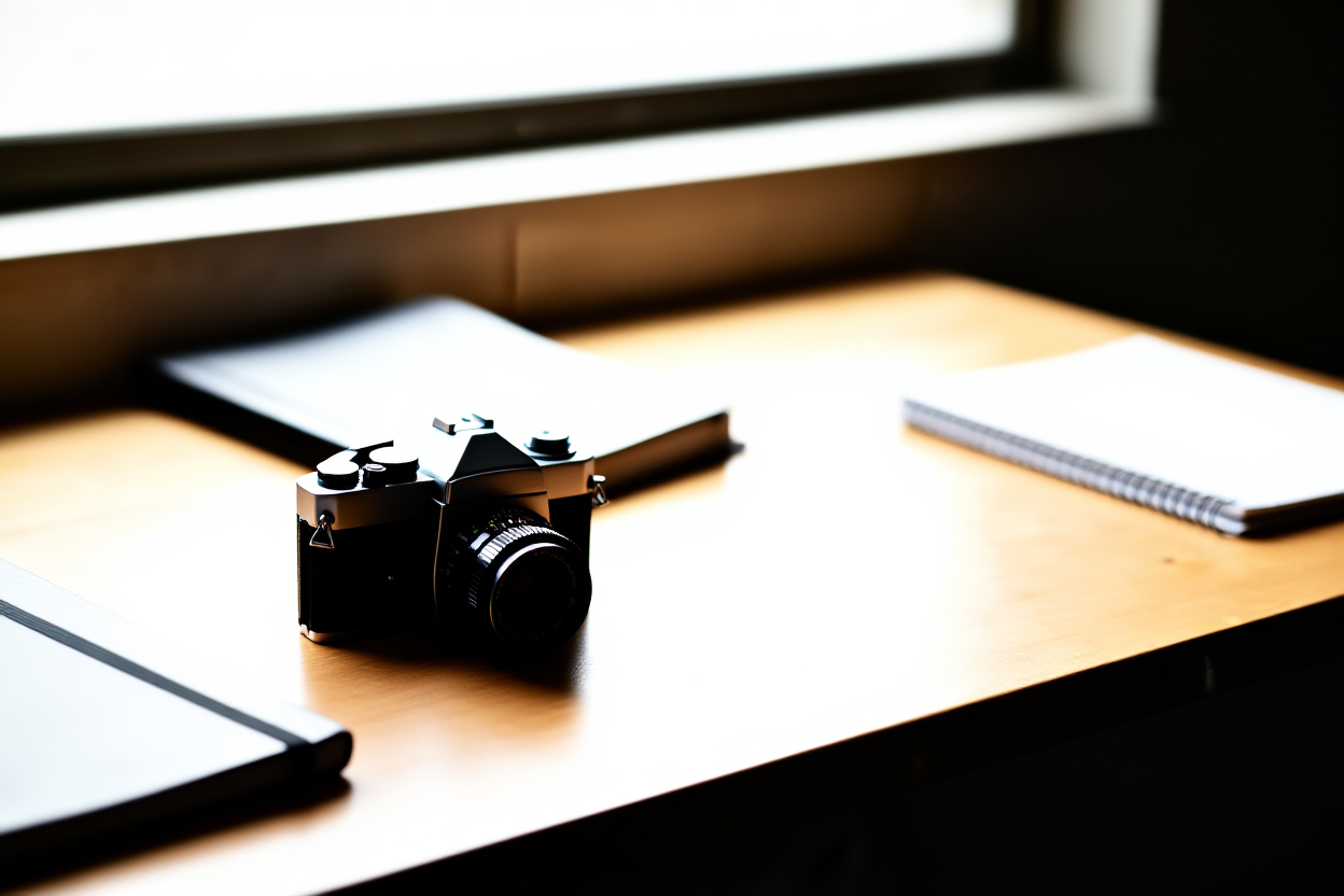 a vintage film camera resting on a wooden workbench beside stacked notebooks, soft daylight, wide landscape shot
