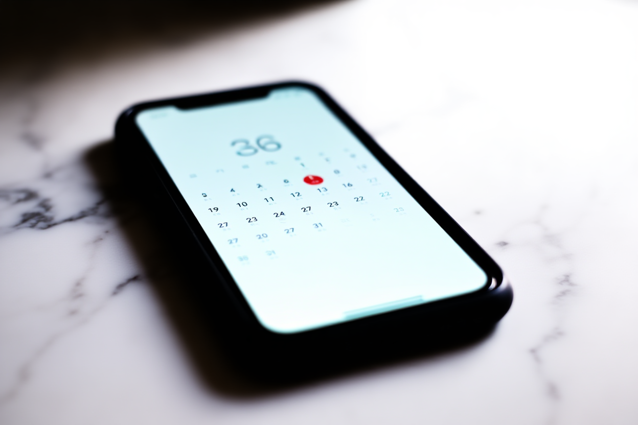 a modern smartphone displaying a clean calendar interface on a marble desk, soft natural light, wide landscape shot