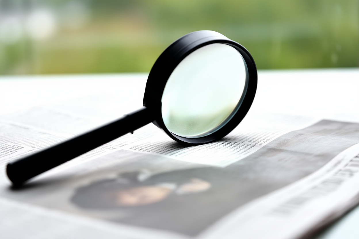 a glass magnifying lens focusing on a printed newspaper headline, soft daylight, wide landscape shot