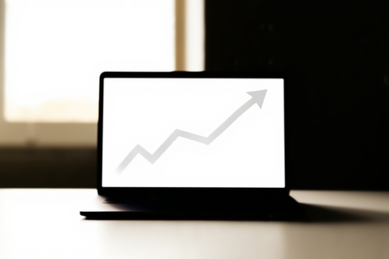 a digital dashboard screen showing upward trending graphs on a clean desk, soft natural light, wide landscape shot