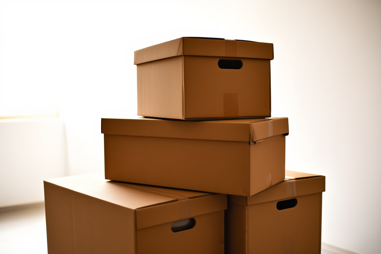 a stack of neatly organized archival boxes in a bright warehouse, soft daylight, wide landscape shot