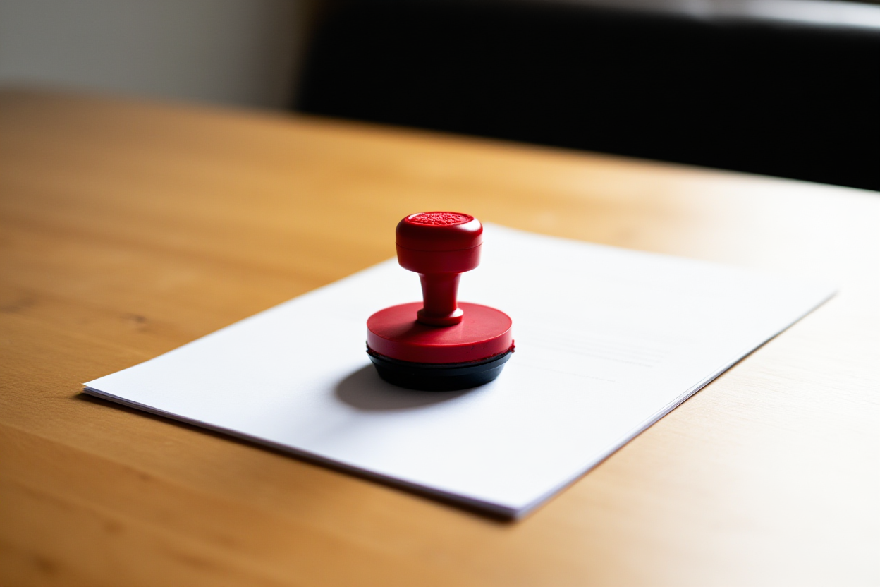 a red rubber stamp pressing onto a clean document on a wooden table, soft natural light, wide landscape shot