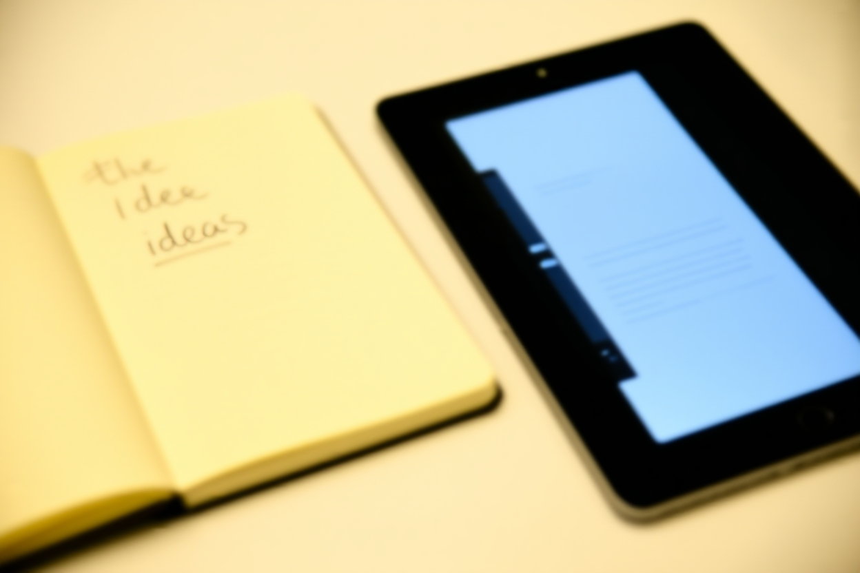 buku catatan dengan ide judul tulisan tangan di samping tablet digital yang menampilkan perangkat lunak pengeditan teks, pencahayaan kantor lembut, wi