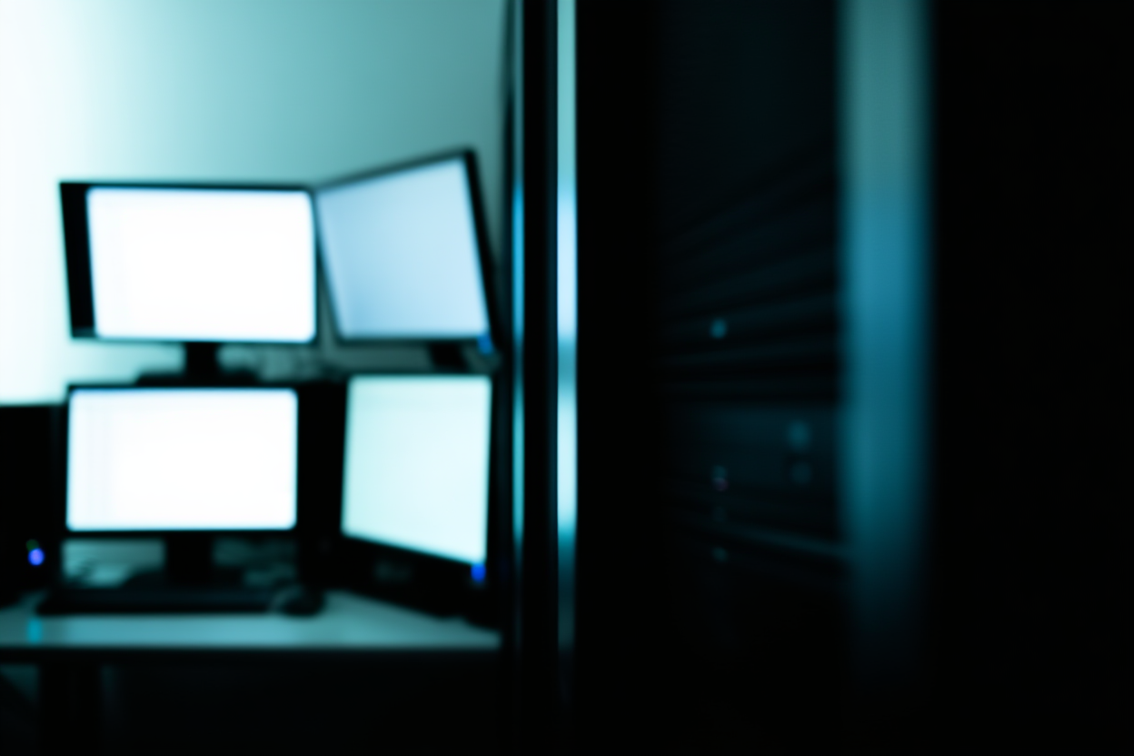 rak server dengan lampu indikator berkedip di samping meja yang menampilkan beberapa monitor yang menampilkan daftar file, ambien dingin