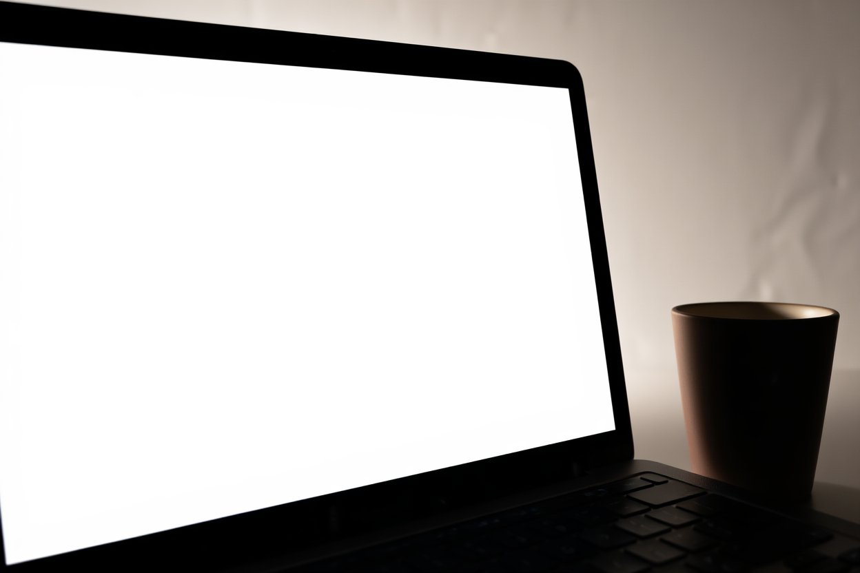 màn hình laptop hiển thị giao diện metadata sạch sẽ bên cạnh một cốc cà phê