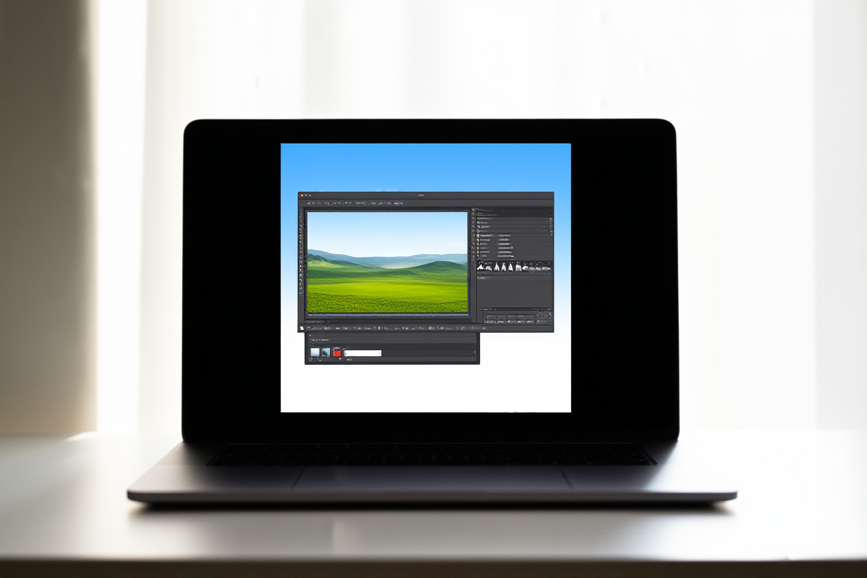ein moderner Desktop-Arbeitsplatz mit Vektorsoftware und Metadaten-Werkzeugen, sanfte Tageslicht, weite Landschaftsaufnahme