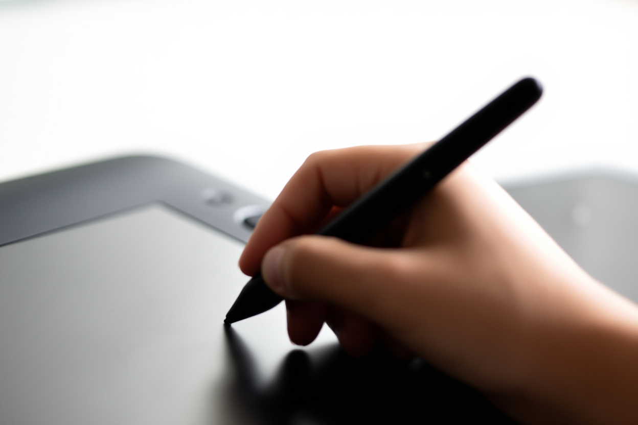 eine Hand hält einen Stift nahe einem digitalen Zeichenpad, sanfte Tageslicht, weite Landschaftsaufnahme