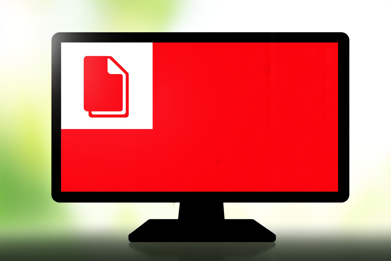eine rote Warnungsschild neben einem Vektordatei-Symbol auf einem Monitor, sanftes natürliches Licht, weite Landschaftsaufnahme