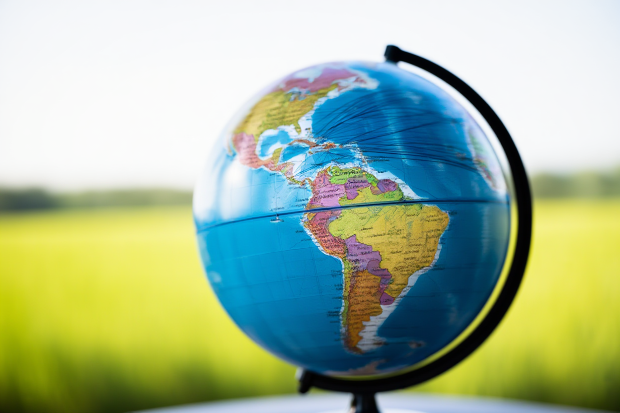 eine Kugel mit digitalen Verbindungslinien, die globale Verteilung repräsentieren, sanftes Tageslicht, weite Landschaftsaufnahme