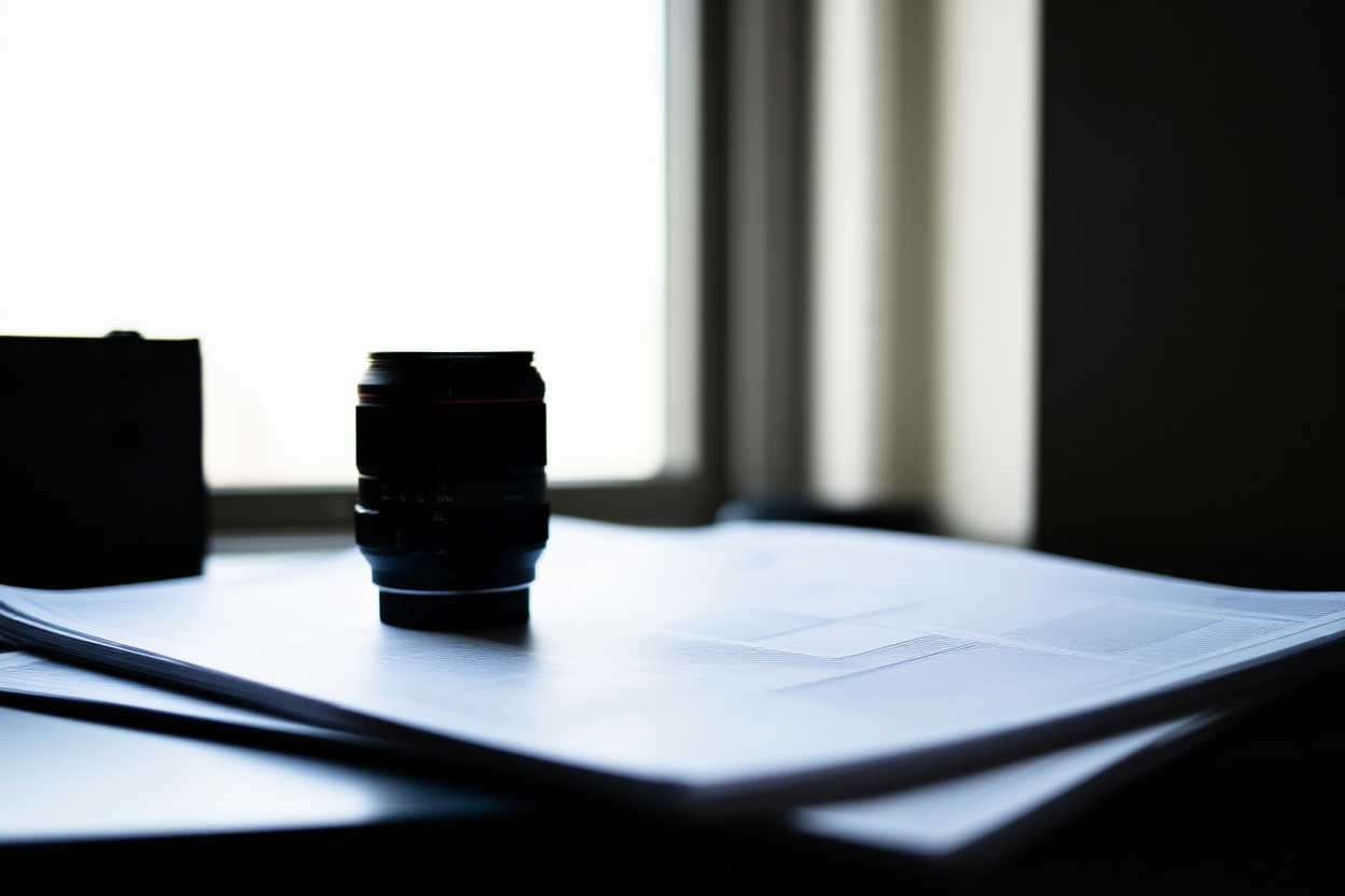 a modern camera lens resting on a stack of video production storyboards with soft focus background, natural window light