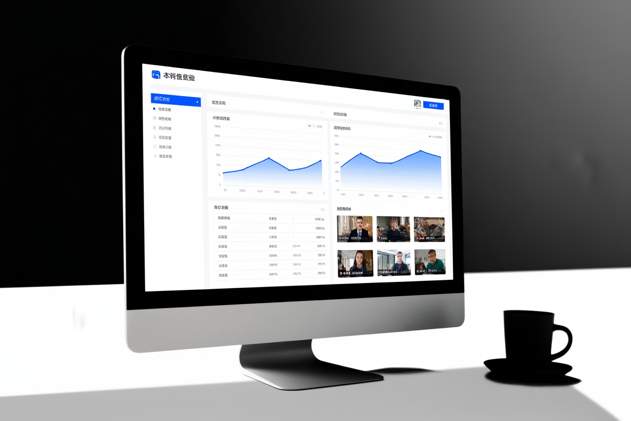 a digital dashboard displaying sales charts and video thumbnails on a sleek monitor with coffee cup nearby, office light