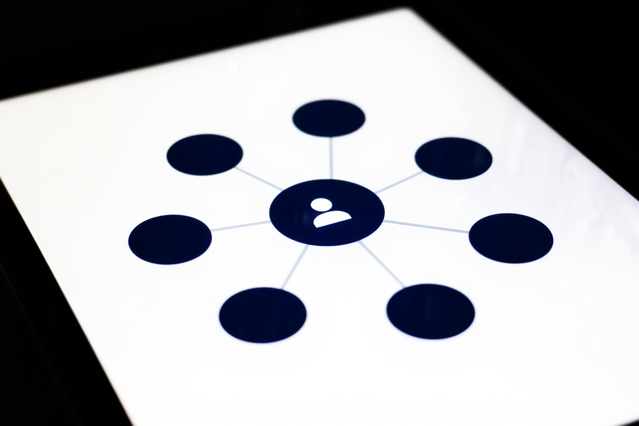 a network of interconnected icons representing stock agencies flowing into a central upload button on a tablet screen, c