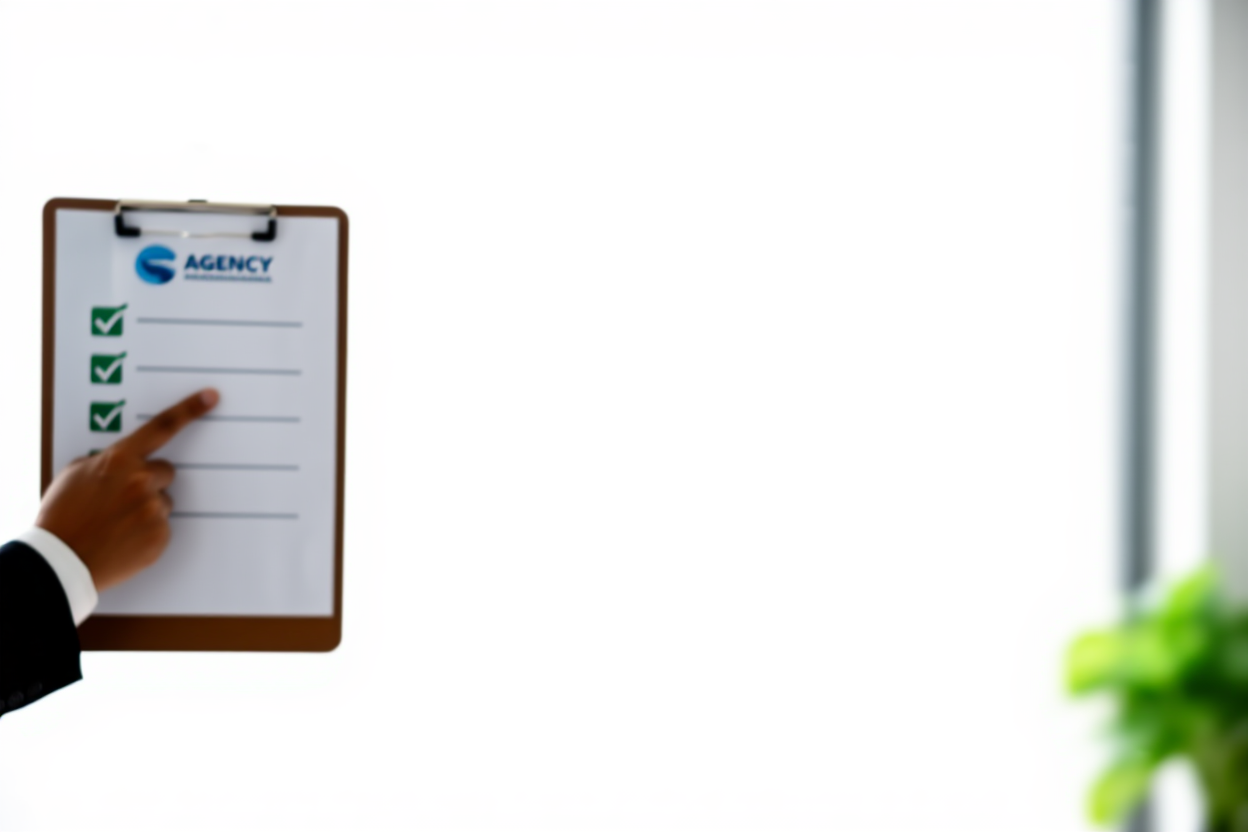 a checklist with checkmarks next to agency logos displayed on a clipboard held by a hand, bright office environment, wid